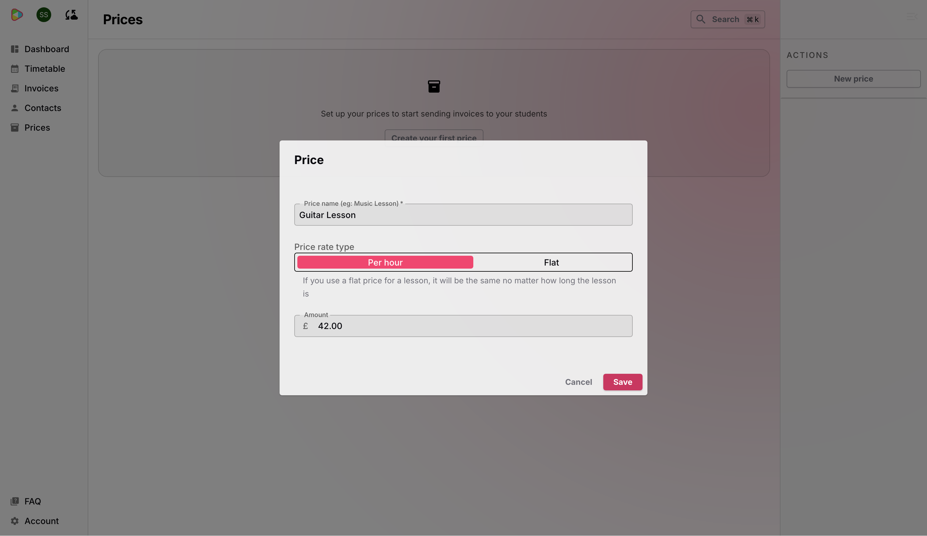 The Price dialog showing the name, rate type toggle, and amount fields