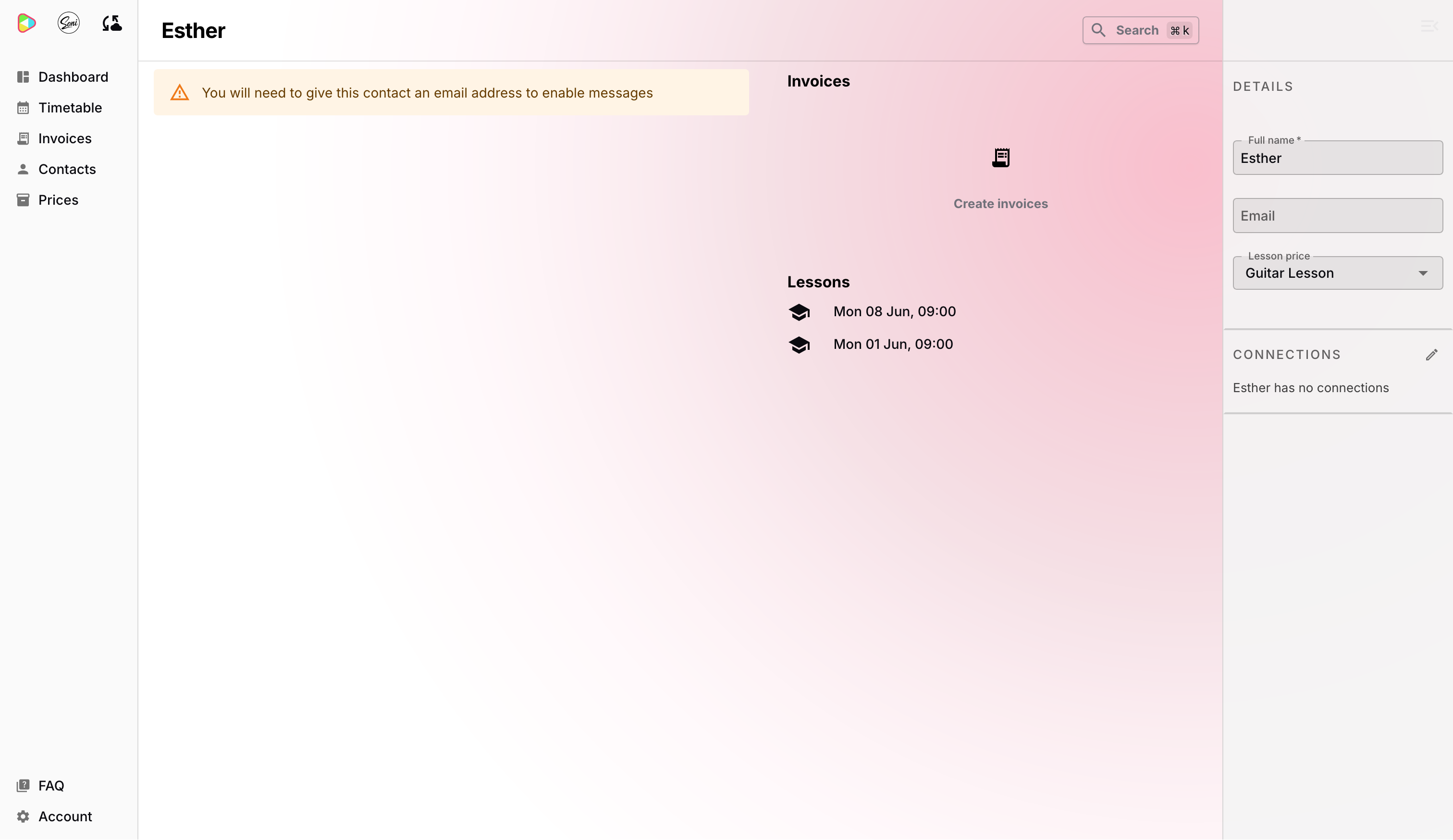 Esther’s contact page showing a warning that an email address is needed to enable messages