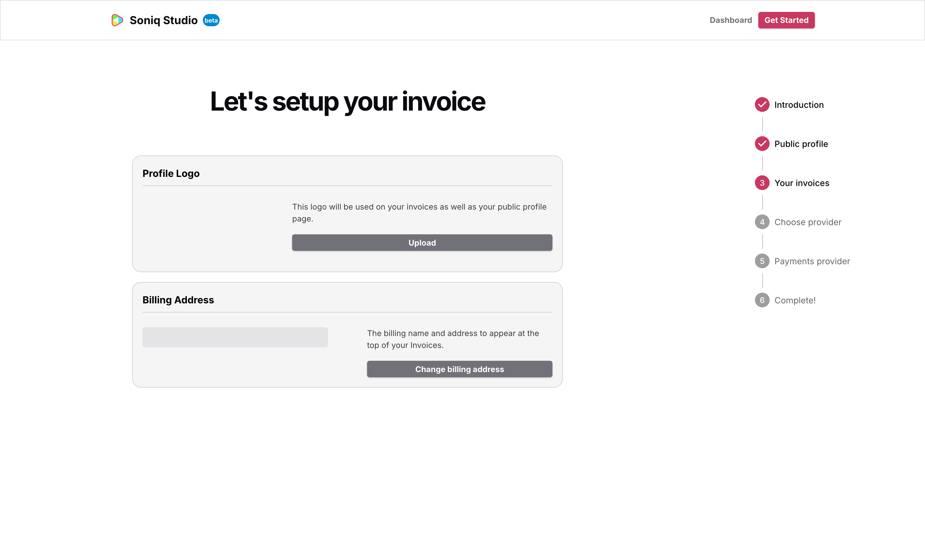 The invoice setup screen showing the logo upload and billing address sections
