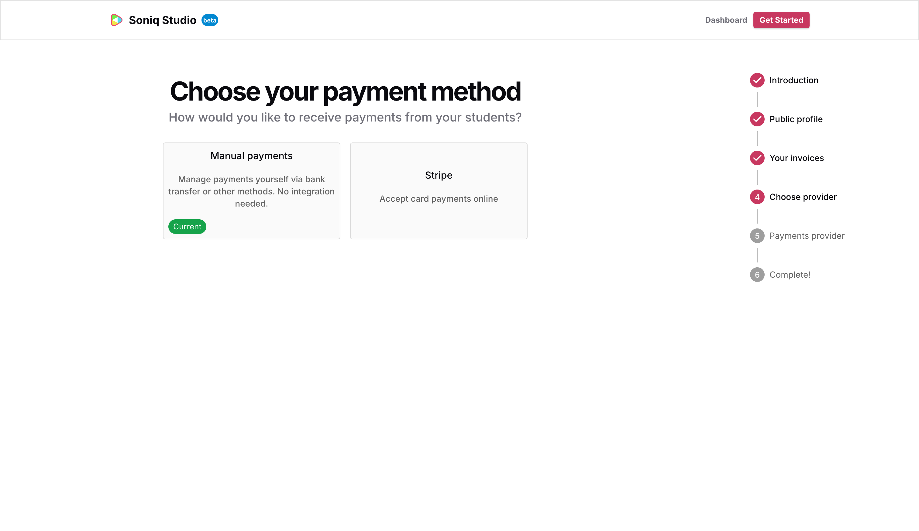 The payment method selection screen showing Manual payments and Stripe options