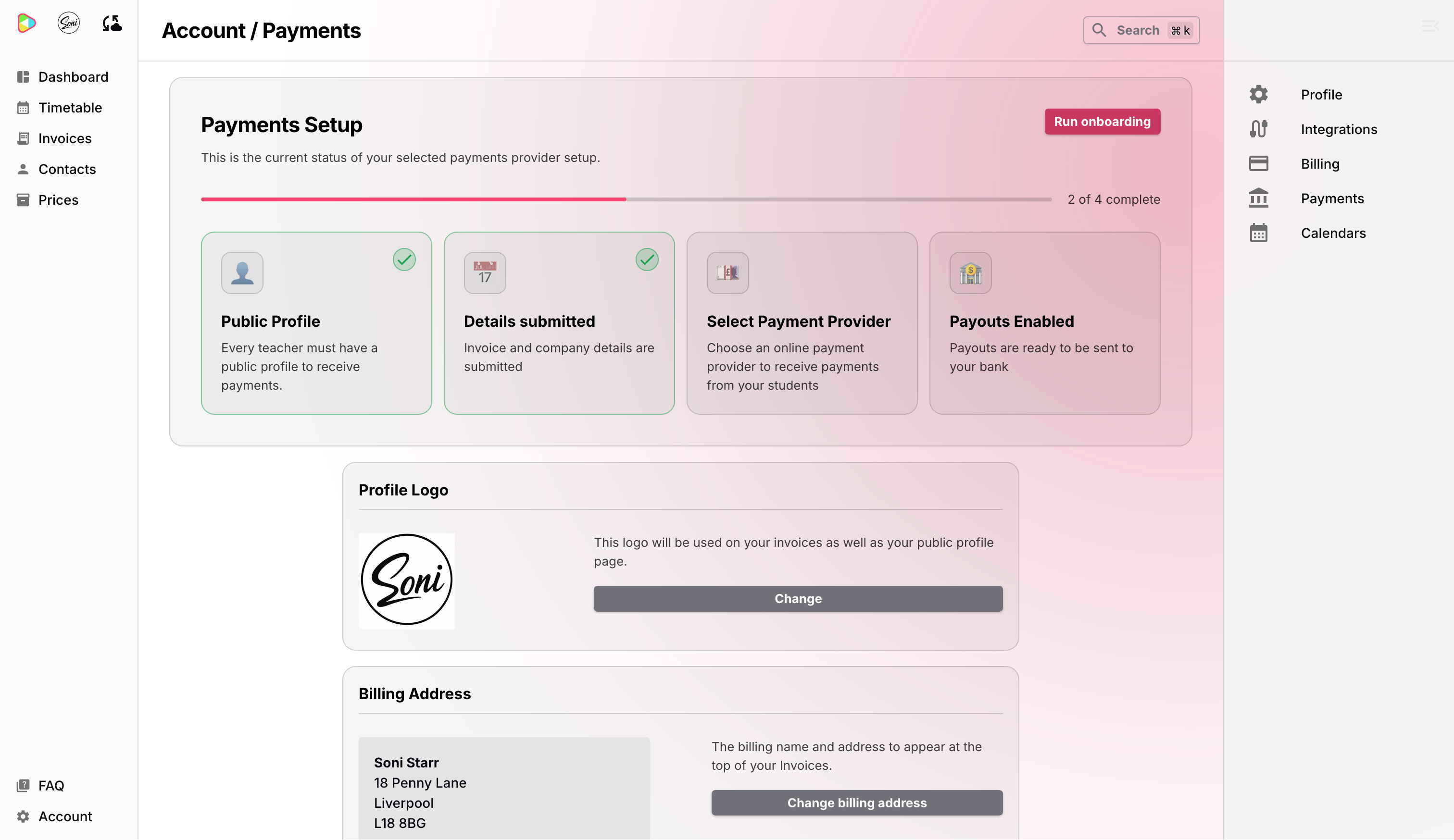 The Account Payments settings page showing the setup progress and saved details
